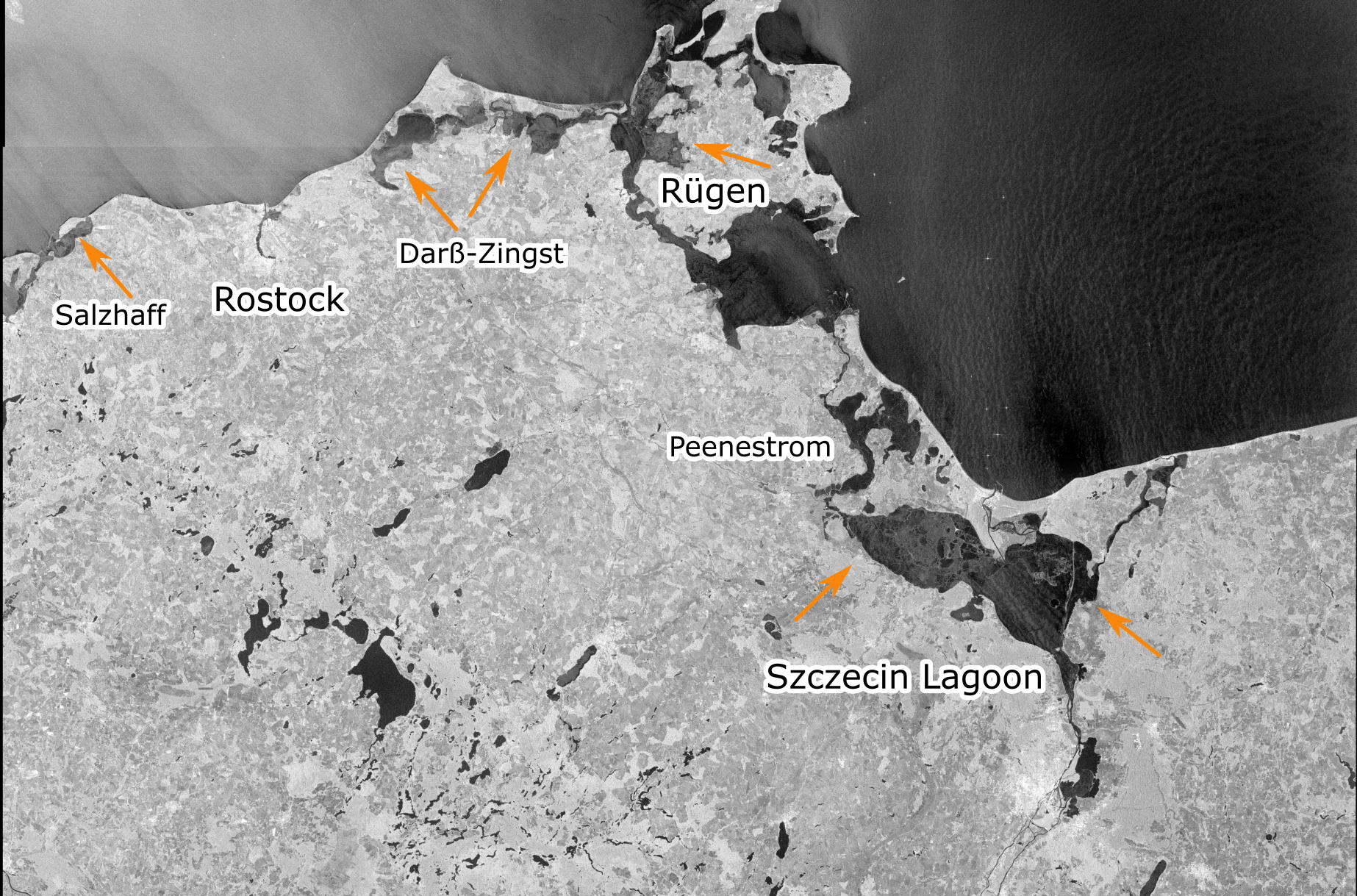 Sentinel-1 radar image of the German Baltic Sea coast from the Bay of Lübeck to the Szczecin lagoon from 10.01.2024.