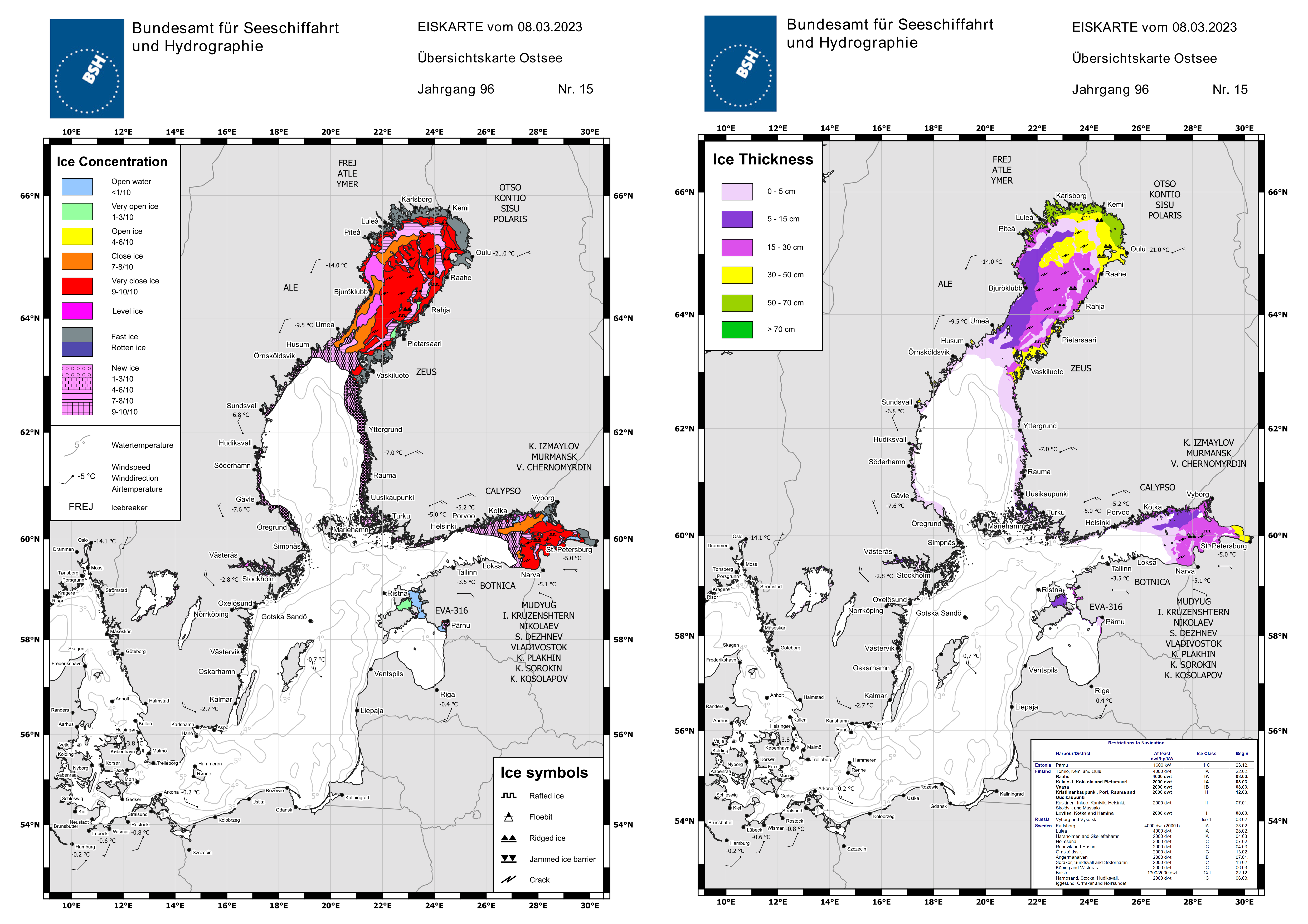  Ice chart of maximum sea ice extent in the Baltic Sea at 8 March 2023.