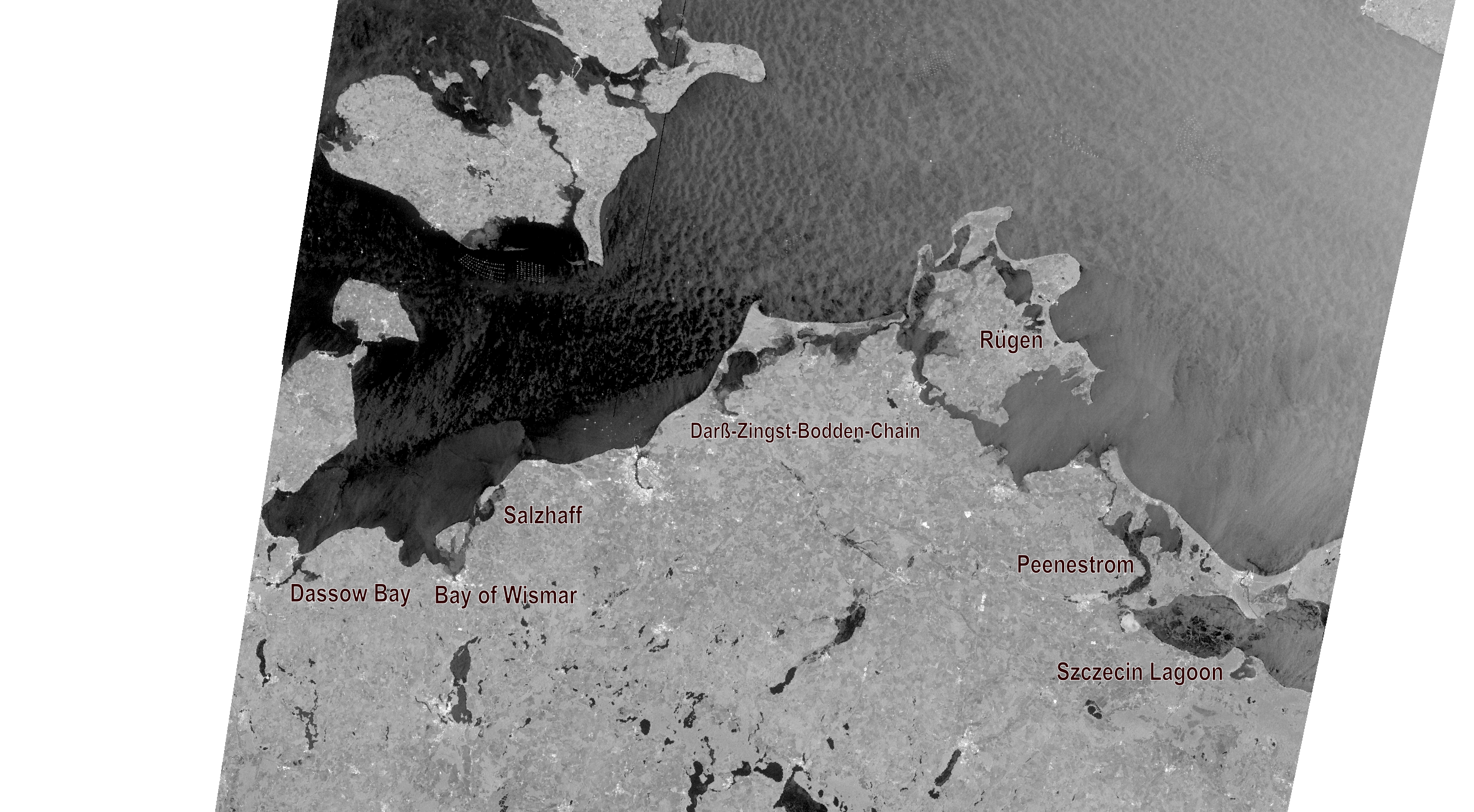Sentinel-1 radar image of the German Baltic Sea coast from the Bay of Lübeck to the Szczecin lagoon from 10.01.2024.